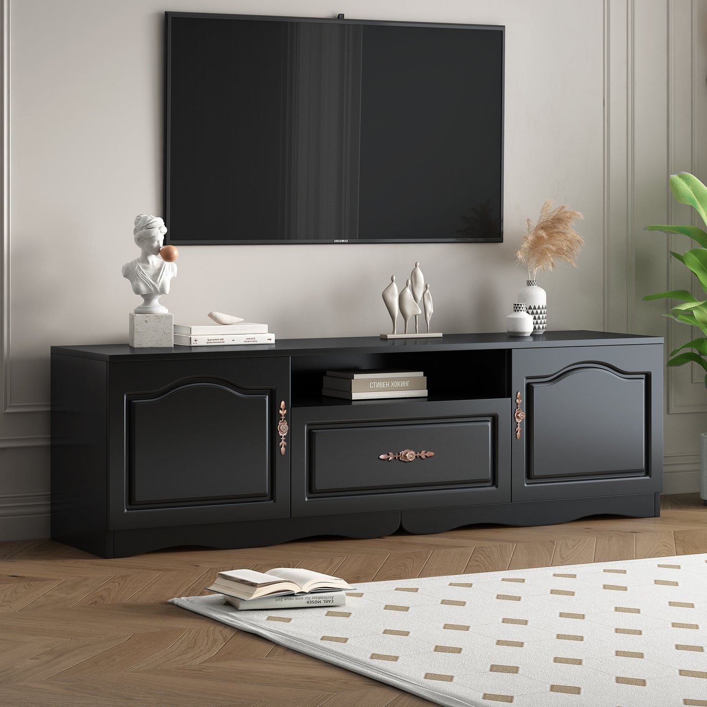 Elegant Black TV Stand with Storage for 60+ Inch TV, Modern Console Cabinet Furniture