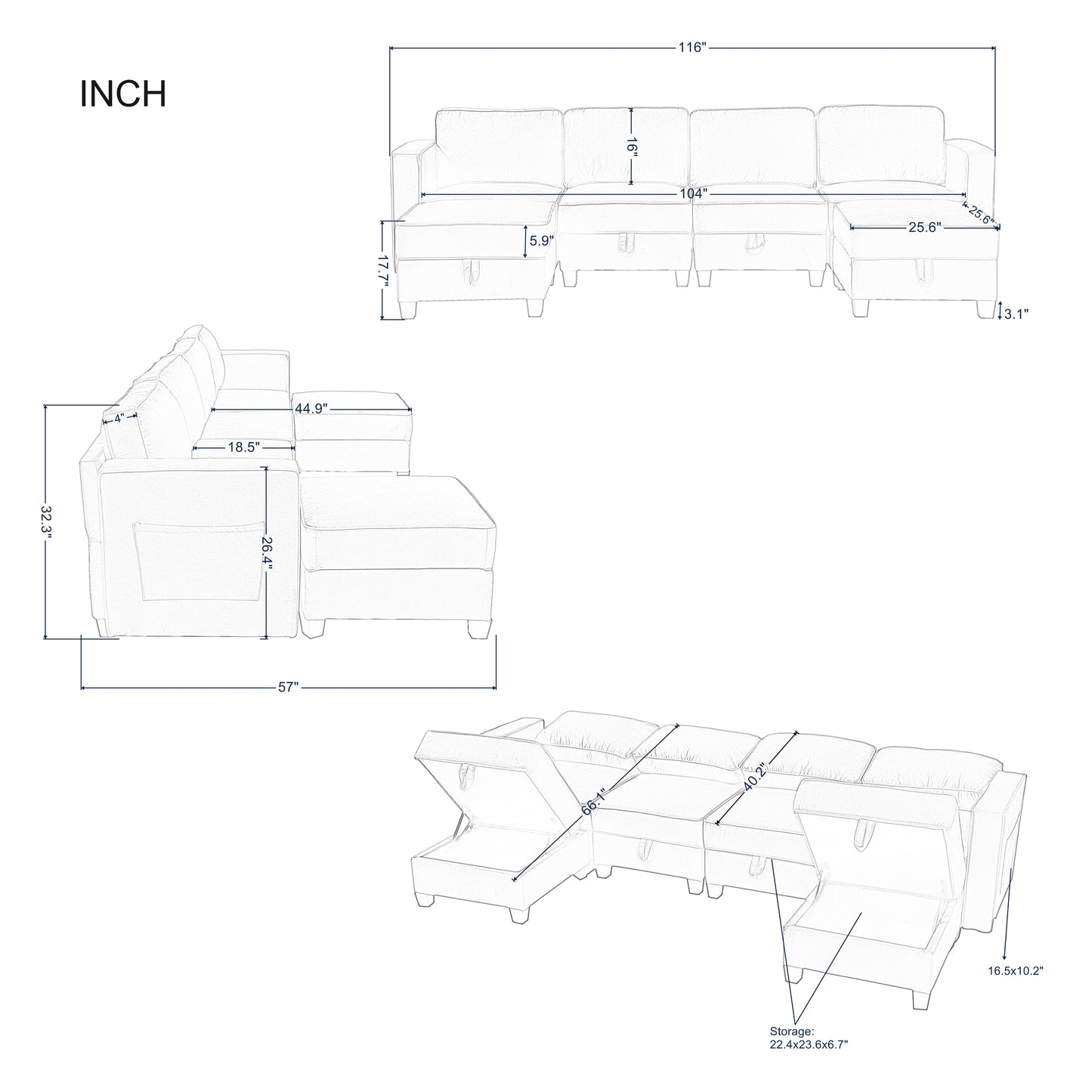 116'' Symmetrical Modular Sectional Sofa with Ottoman in Dark Gray Velvet