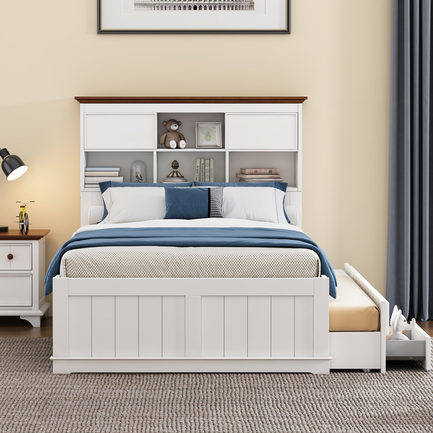 Solid Pine Captain Bookcase Bed with Trundle Bed and 3 Spacious Under Bed Drawers in Casual,Full, White+Walnut