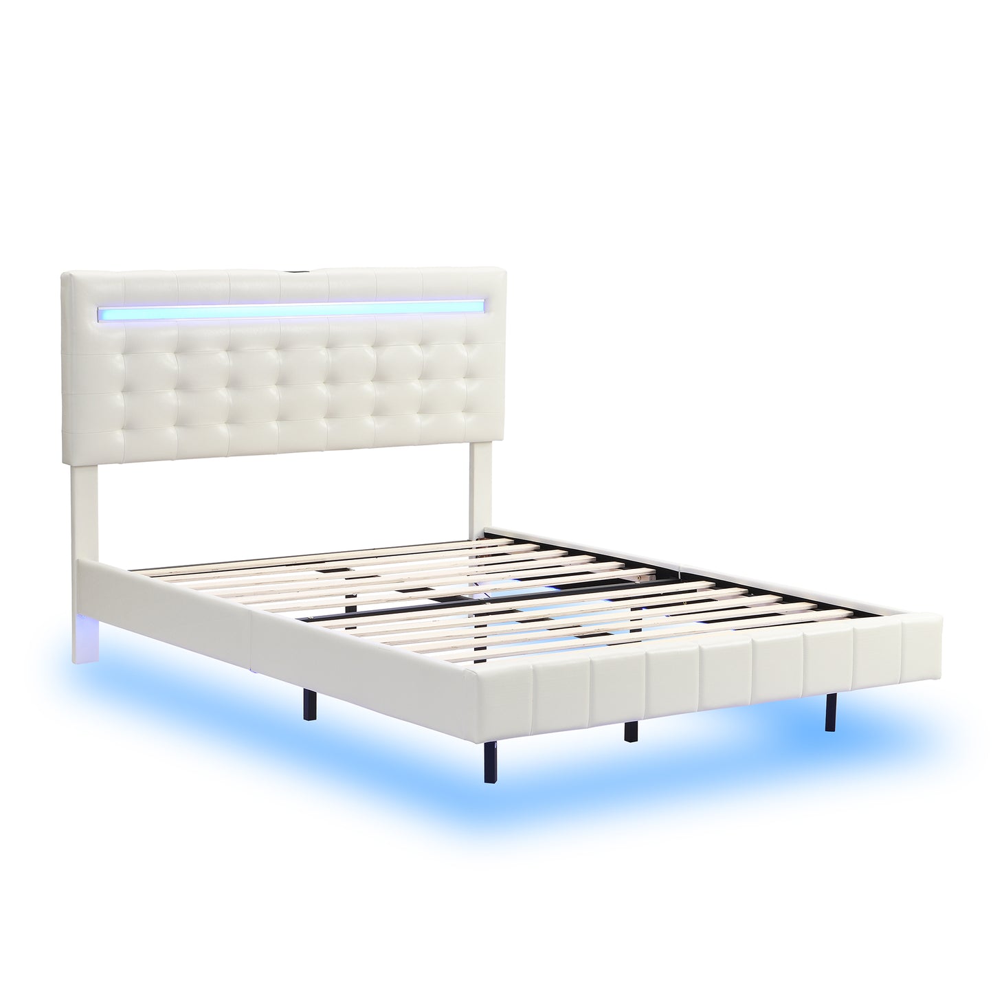 Full Size Floating Bed Frame with LED Lights and USB Charging,Modern Upholstered Platform LED Bed Frame,White(Full)