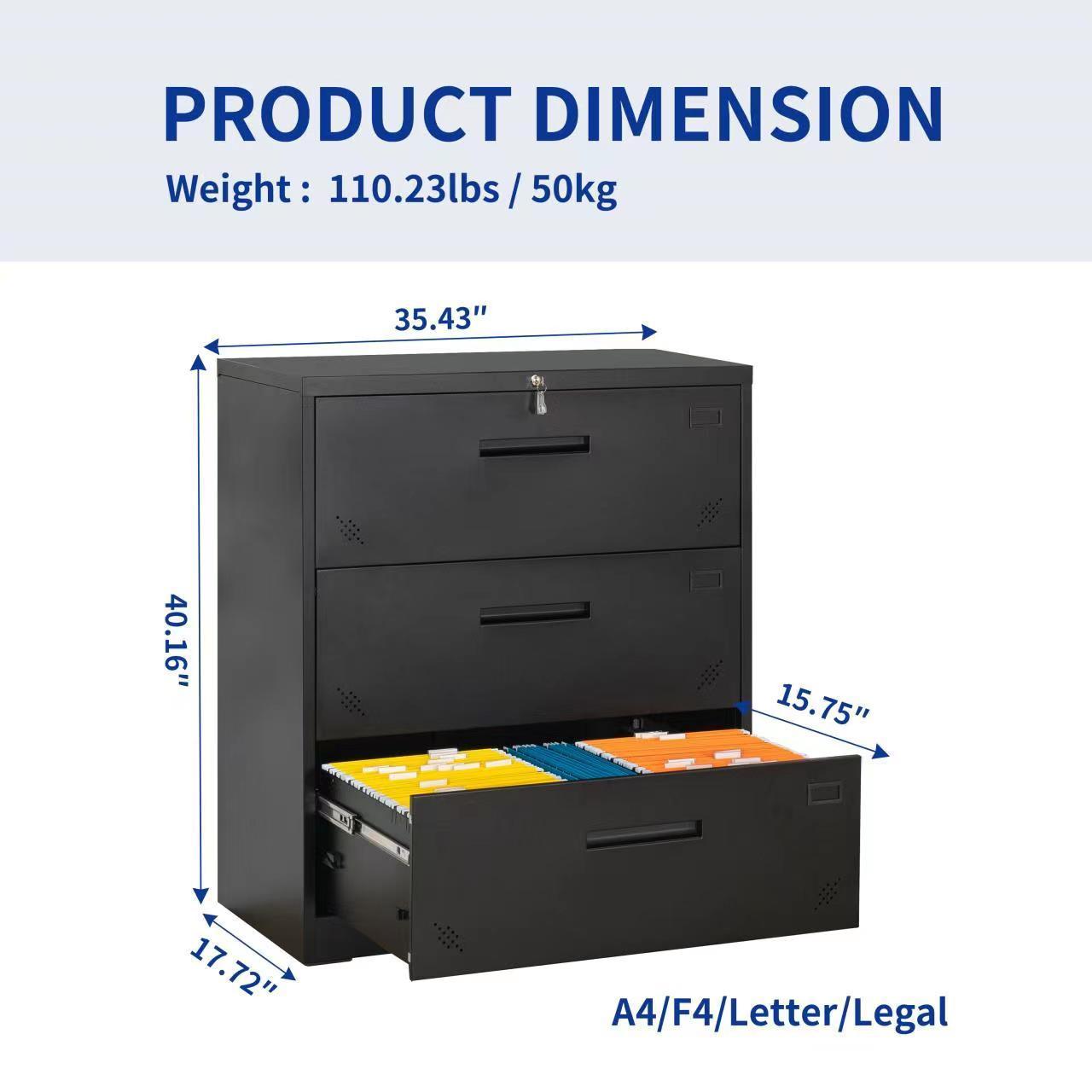 Steel 3-Drawer Lockable Lateral Filing Cabinet for Legal/Letter A4 Size, Black