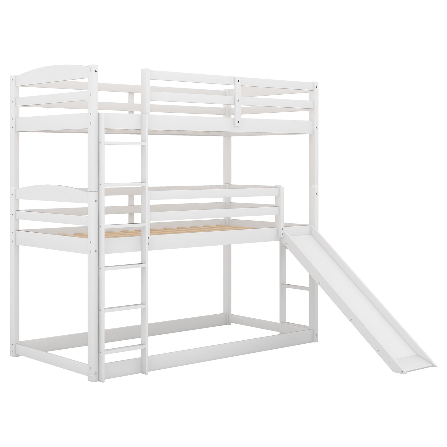 Triple Bunk Bed with Ladder, Slide, and Twin-Twin-Twin Design for White Bedroom Fun