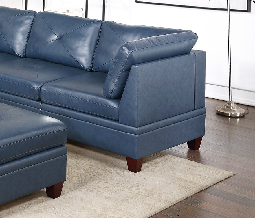 Ink Blue Genuine Leather Modular Sofa Set with Tufted Back and Ottoman