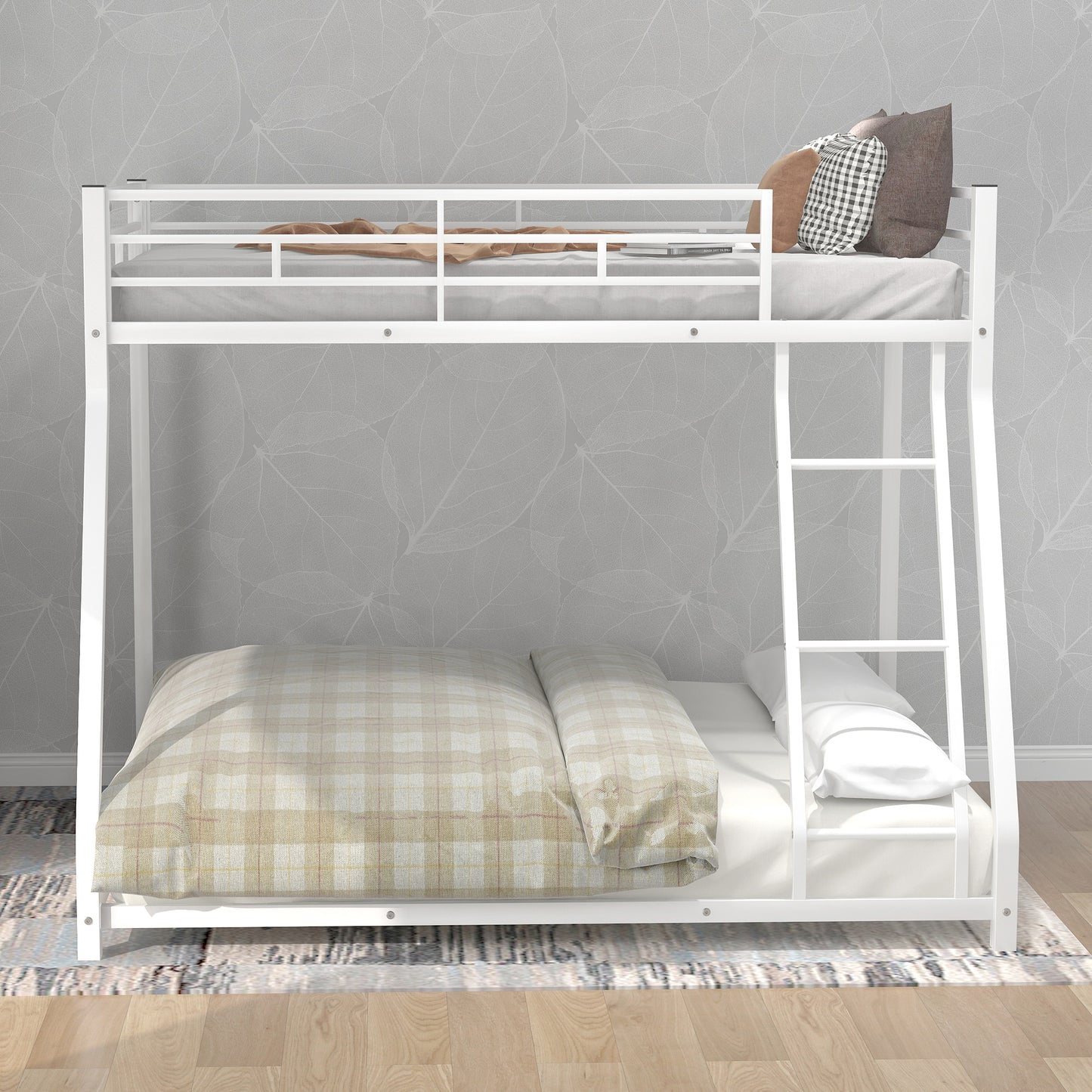 White Metal Bunk Bed with Sloping Stairs for Twin over Full Size