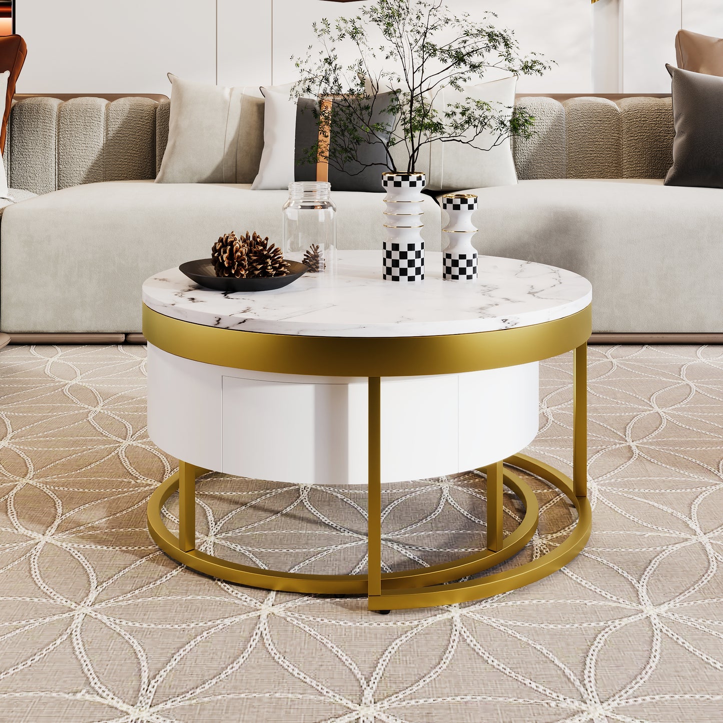 Contemporary White and Gold Nesting Coffee Table with Storage Drawers