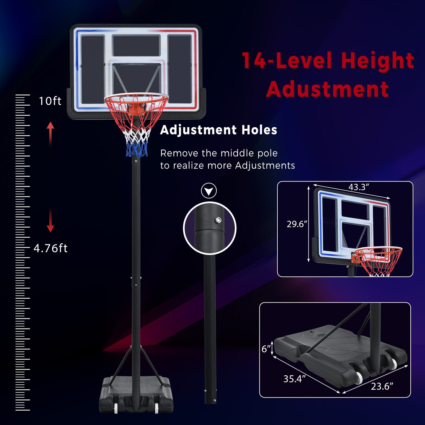 Portable Basketball Hoop Basketball System 4.76-10ft Height Adjustable for Youth Adults LED Basketball Hoop Lights, Colorful lights, Waterproof,Super Bright to Play at Night Outdoors,Good Gift for Kid