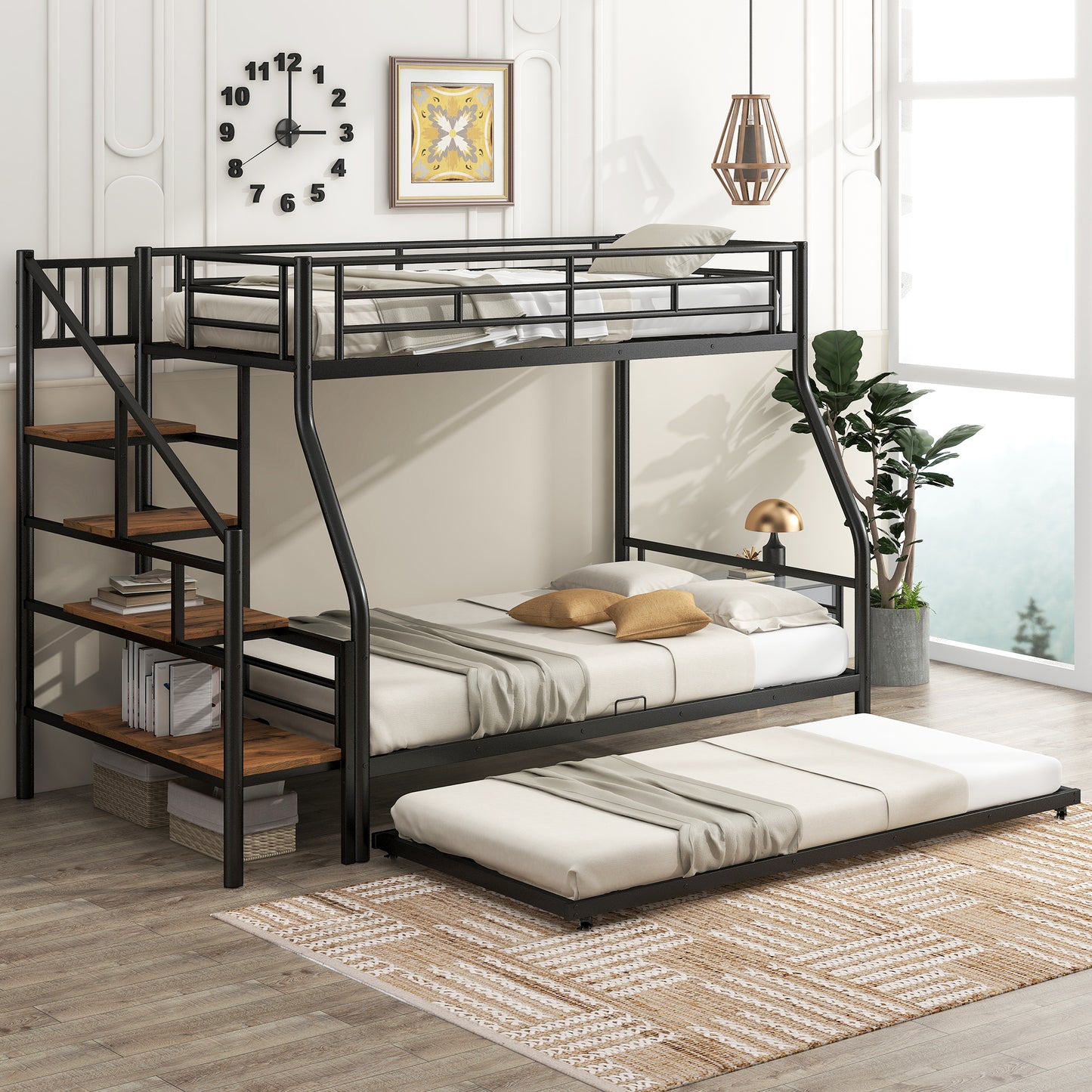 Black Metal Bunk Bed with Storage Staircase and Trundle - Twin over Full Size