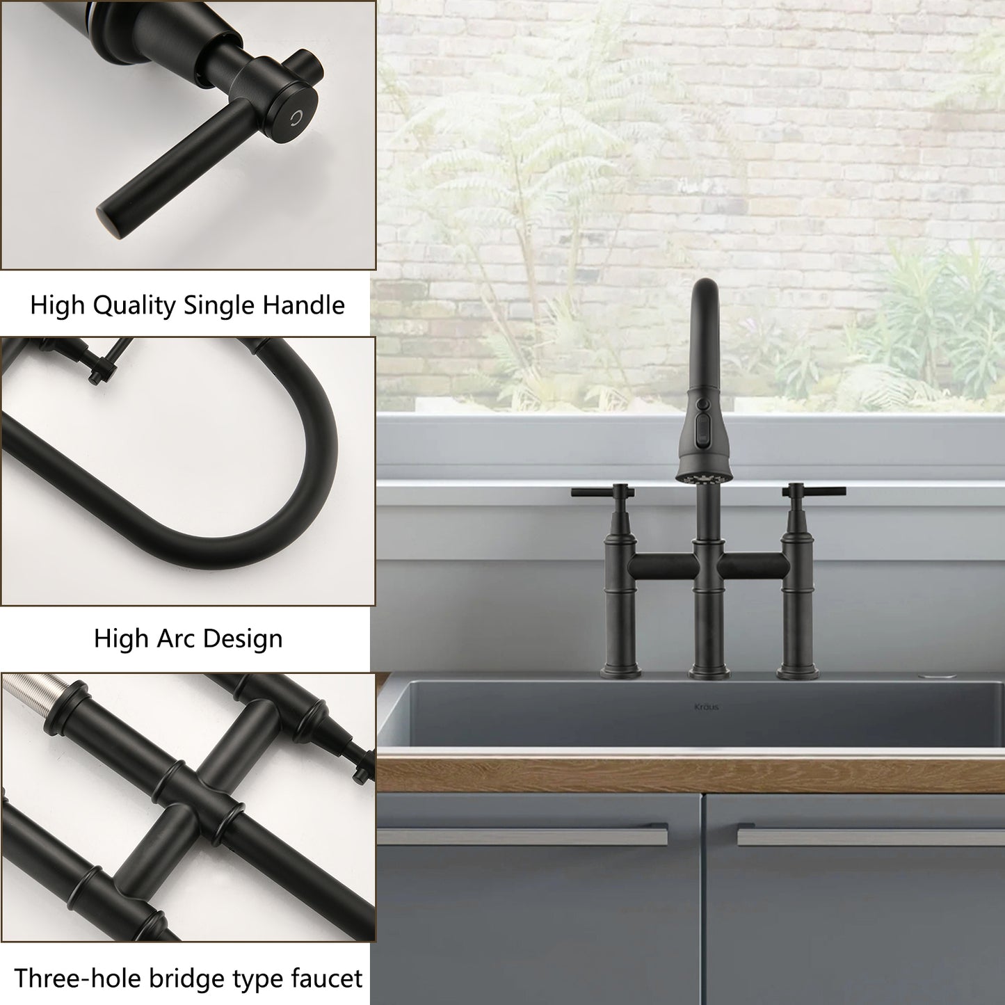 Double Handle Bridge Kitchen Faucet With Pull-Down Spray Head