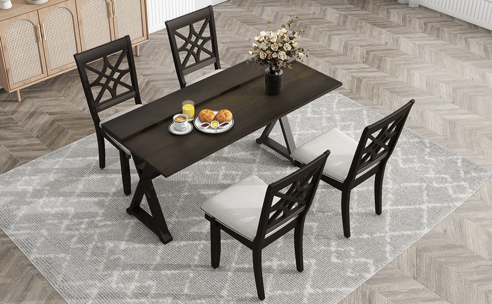 5-Piece 62*35.2inch Extendable Rubber Wood Dining Table Set with X-shape Legs,Console Table with Two 8.8Inch-Wide Flip Lids and Upholstered Dining Chairs ,Dark Walnut