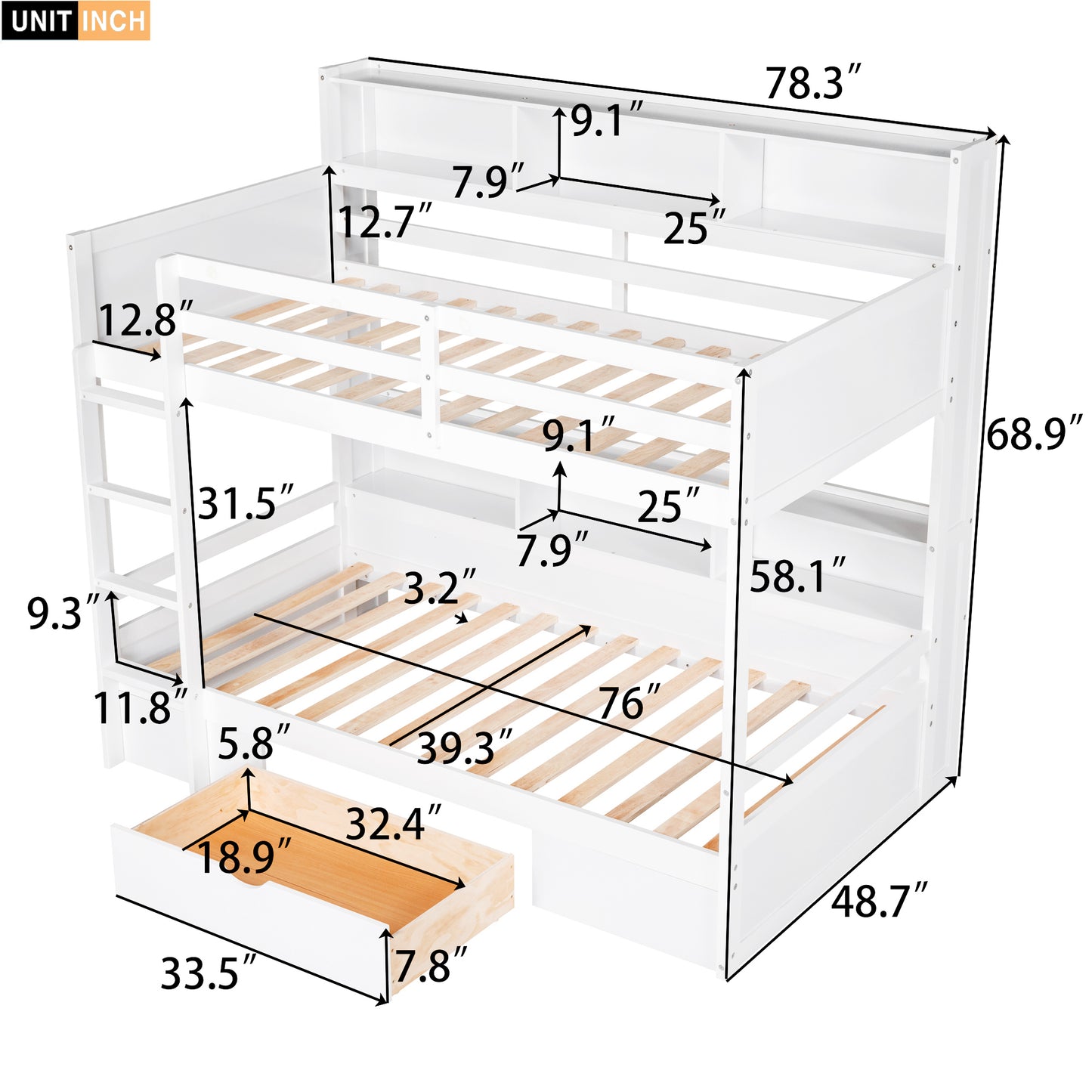 White Twin Size Bunk Bed with Underbed Storage Shelves and Drawer