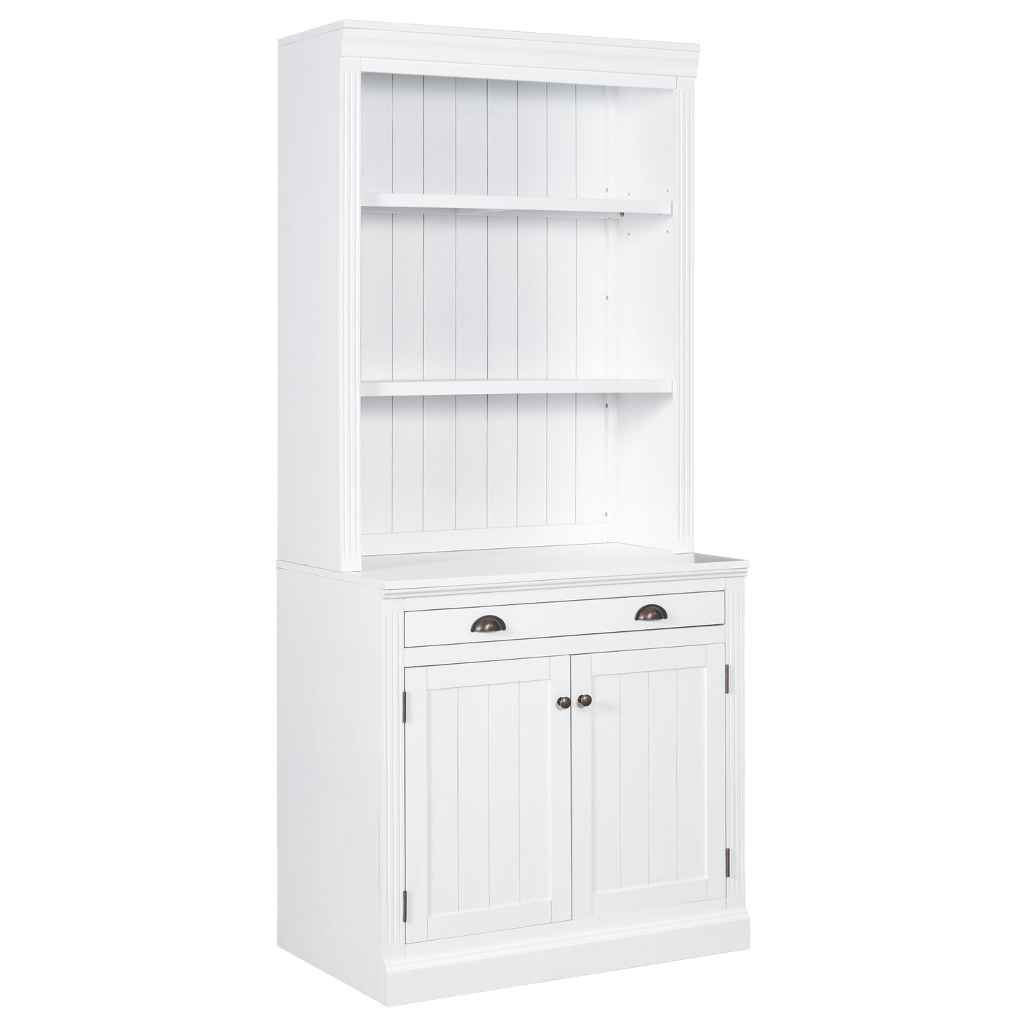 83.4 Tall 2-Piece White Bookshelf & Writing Desk Set with LED Lighting, Storage Drawers, and Doors