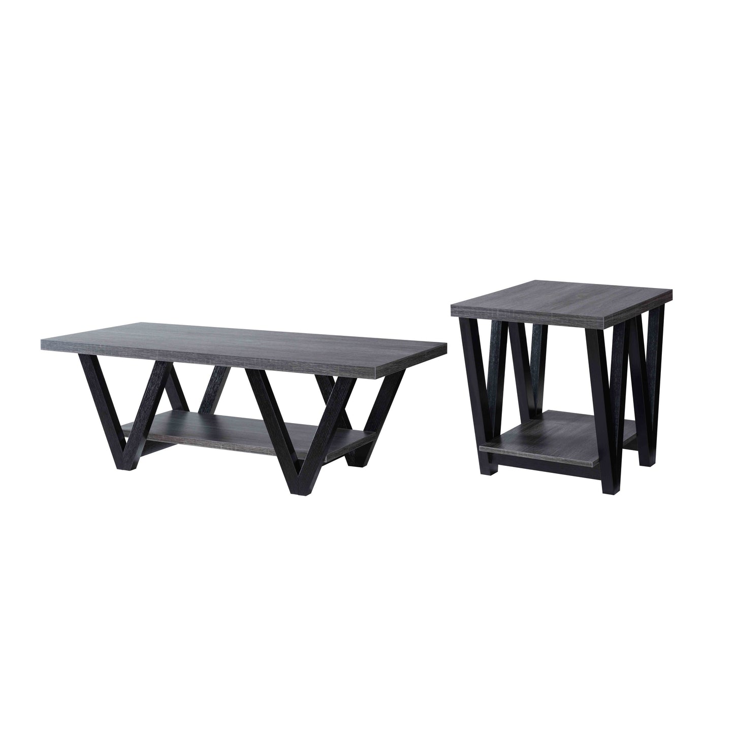 Distressed Grey & Black Coffee and End Table Set with V-Shaped Legs