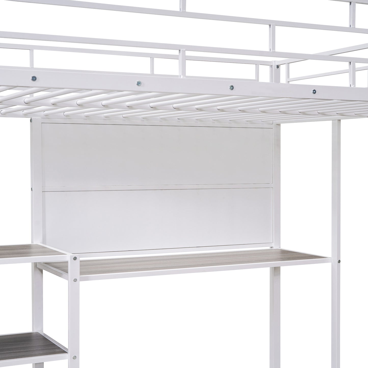 Full Size Loft Bed with Desk and Whiteboard, Metal Loft Bed with 3 Shelves and Ladder, White