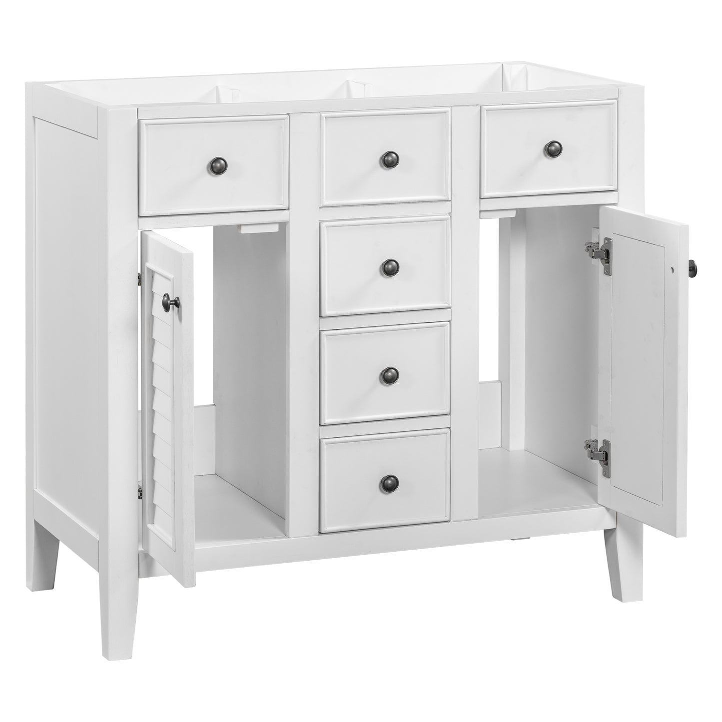 36" Bathroom Vanity without Sink, Cabinet Base Only, Two Cabinets and Five Drawers, Solid Wood Frame, White