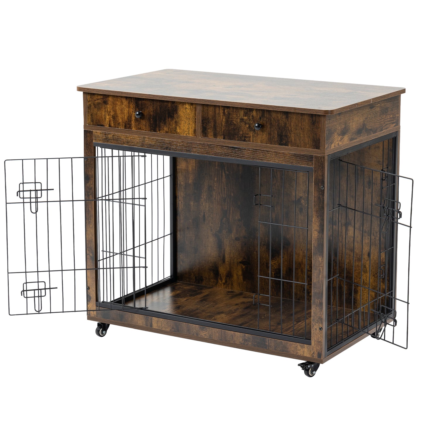 Dog Crate Furniture, Wooden Dog House, Decorative Dog Kennel with Drawer, Indoor Pet Crate End Table for Small Dog, Steel-Tube Dog Cage, Chew-Proof, Rustic Brown 31.7" L×23.2" W×33" H