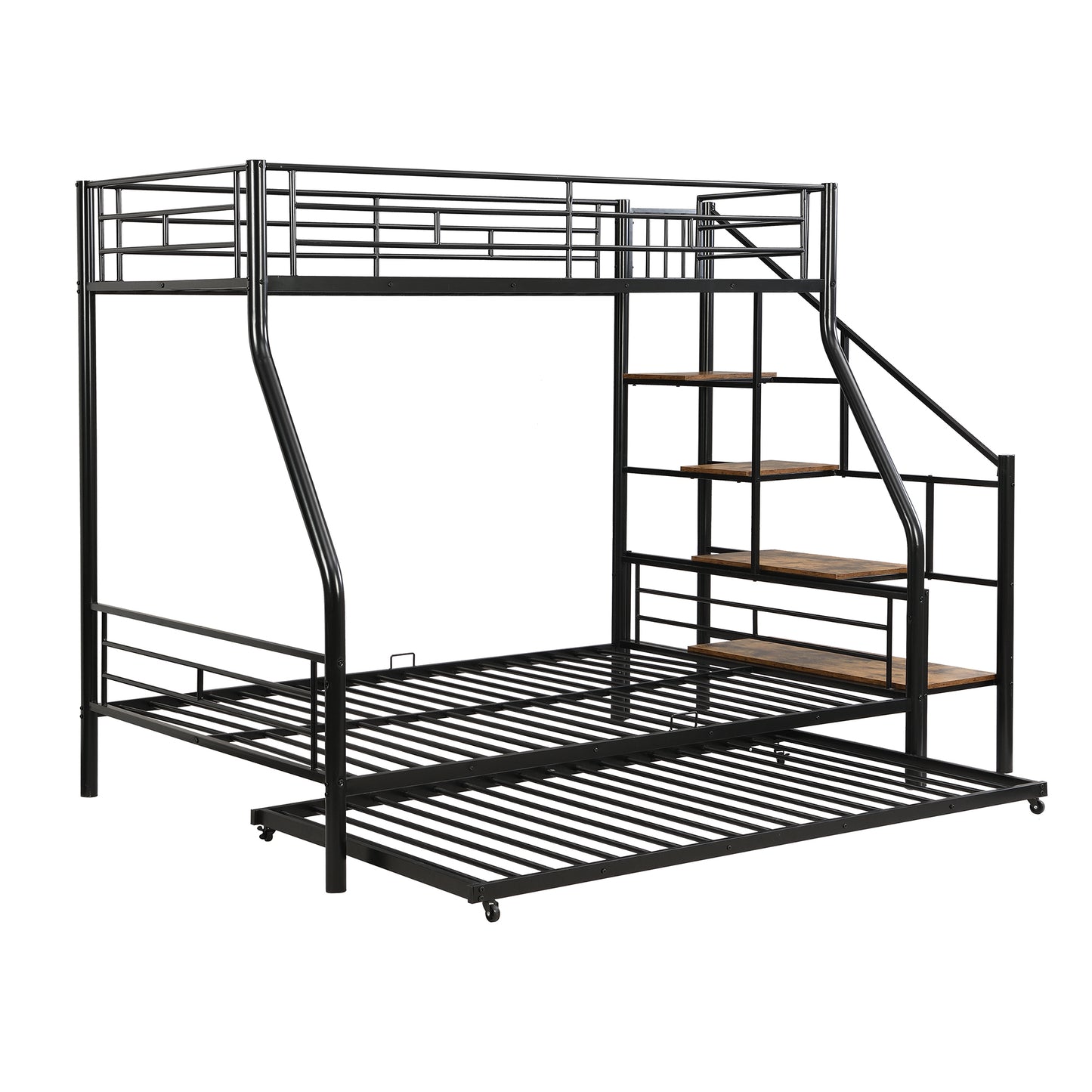 Black Metal Bunk Bed with Storage Staircase and Trundle - Twin over Full Size