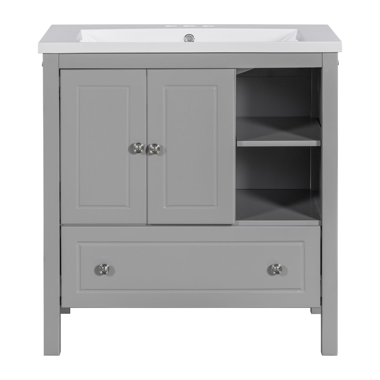 30" Bathroom Vanity with Sink, Bathroom Storage Cabinet with Doors and Drawers, Solid Wood Frame, Ceramic Sink, Grey