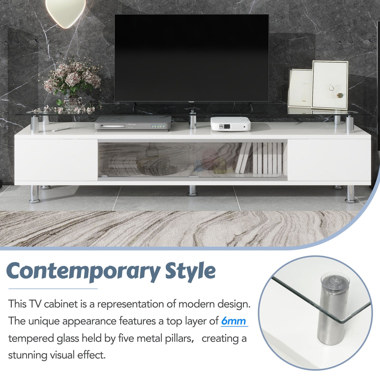 Contemporary White Media Console with Sleek Glass Design and Spacious Storage