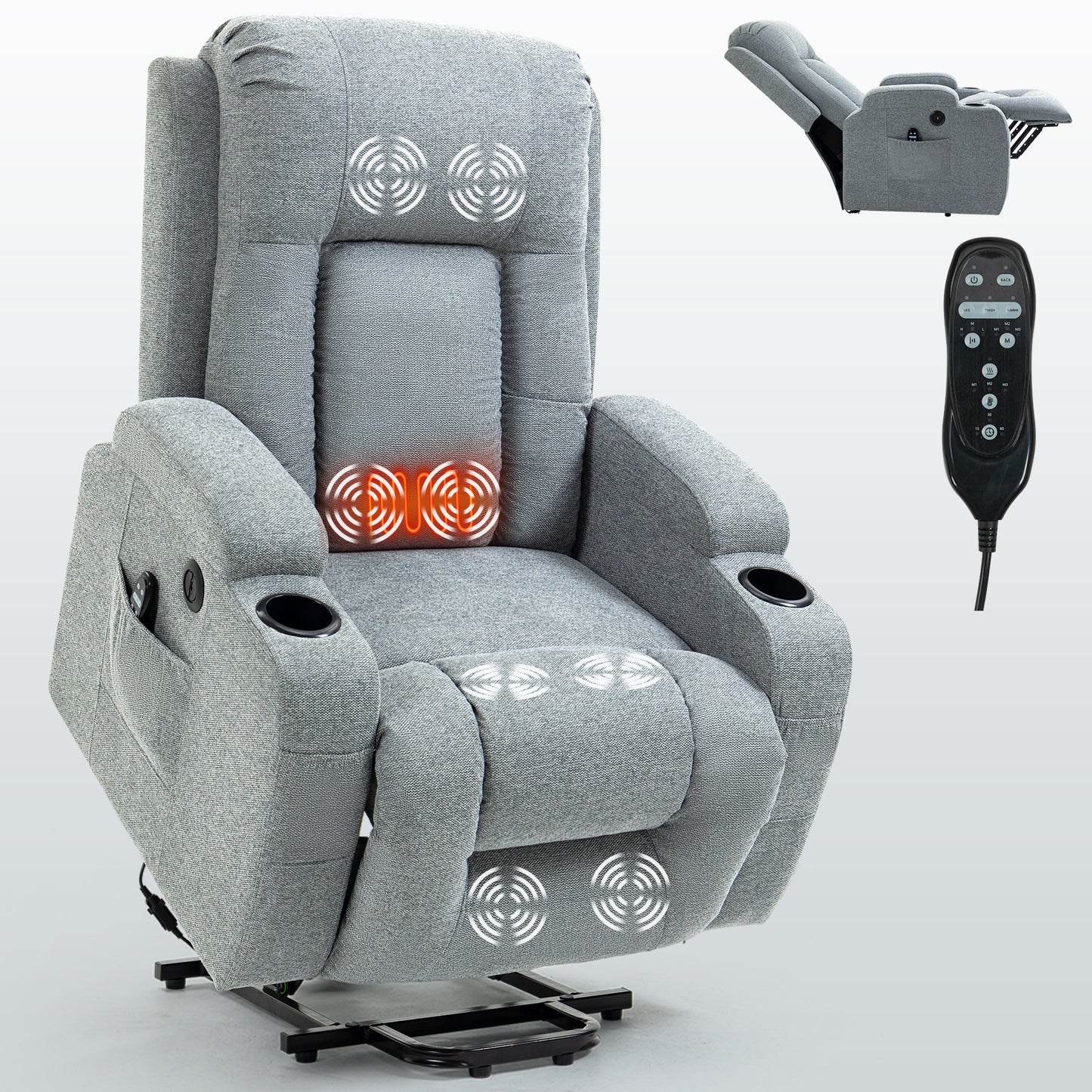 Infinite Position Okin Motor Power Lift Recliner Chair with Massage and Heating - Grey