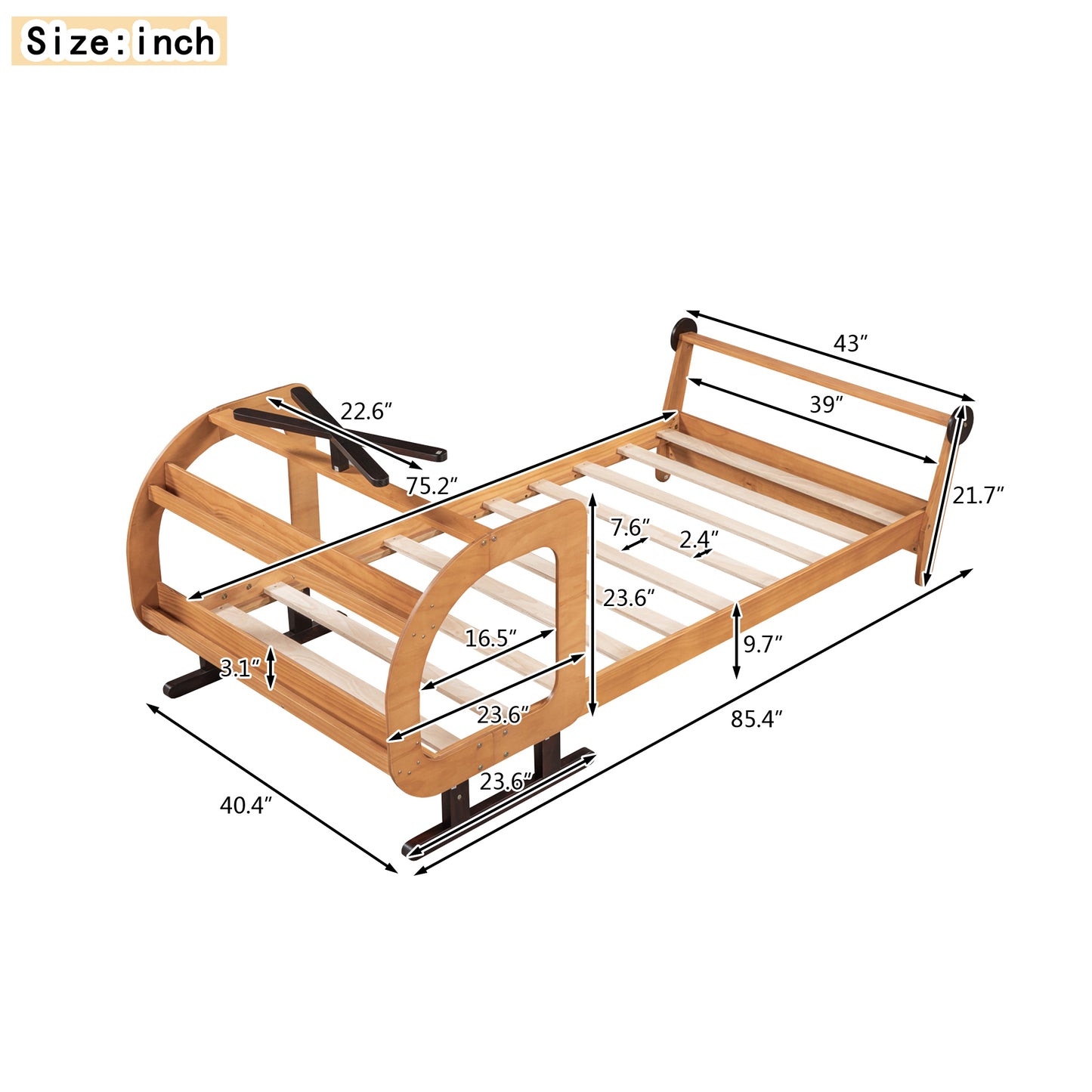 Twin Size Plane Shaped Platform Bed with Rotatable Propeller and Shelves, Natural