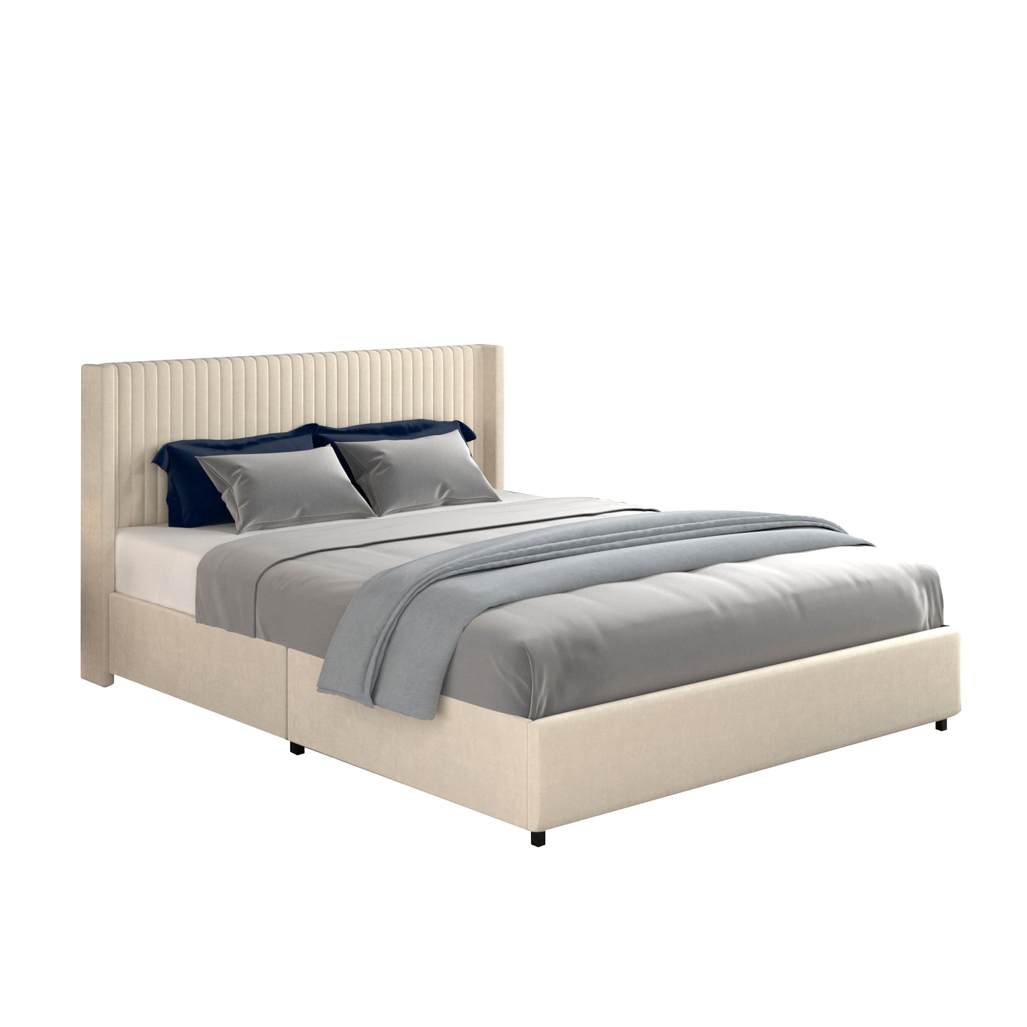 Anna Queen Size Ivory Velvet Upholstered Wingback Platform Bed with Patented 4 Drawers Storage, Modern Design Headboard with Tight Channel, Wooden Slat Mattress Support No Box Spring Needed