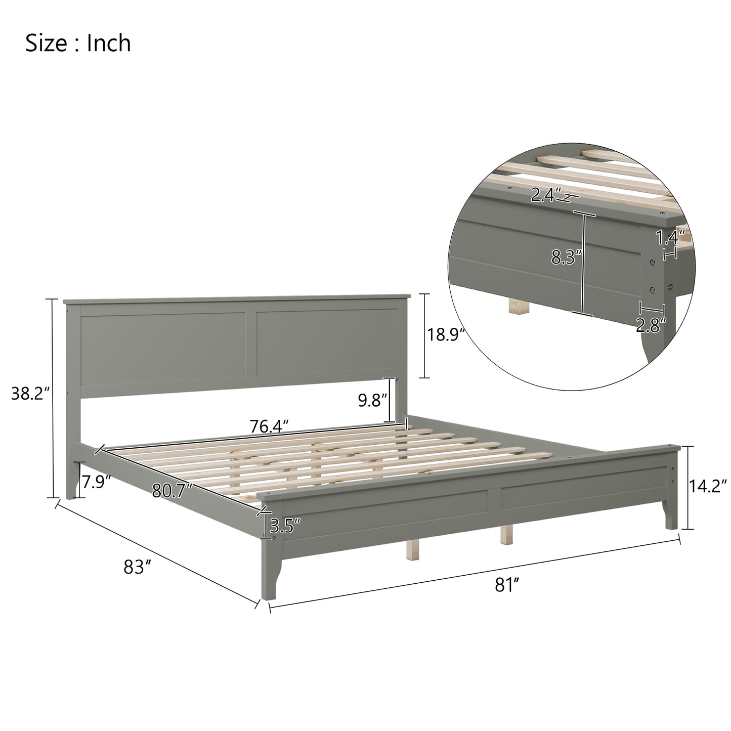 Modern Gray Solid Wood King Platform Bed