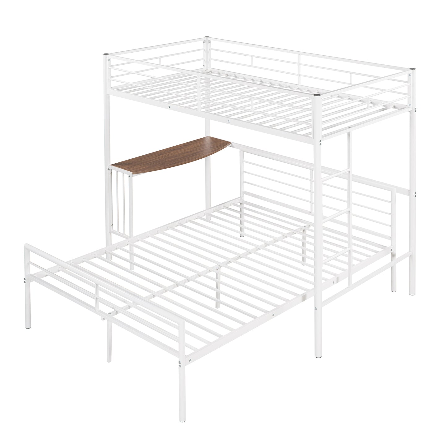 Metallic White Twin Over Full Bunk Bed with Desk and Ladder