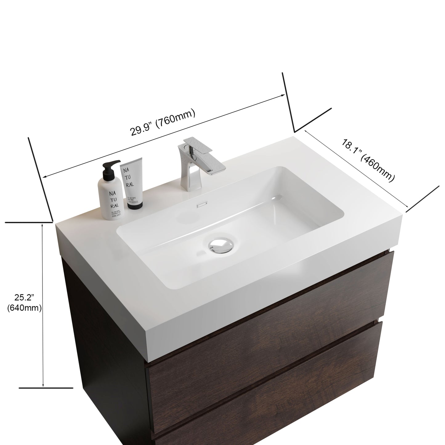 Alice 30" Walnut Bathroom Vanity with Sink, Large Storage Wall Mounted Floating Bathroom Vanity for Modern Bathroom, One-Piece White Sink Basin without Drain and Faucet