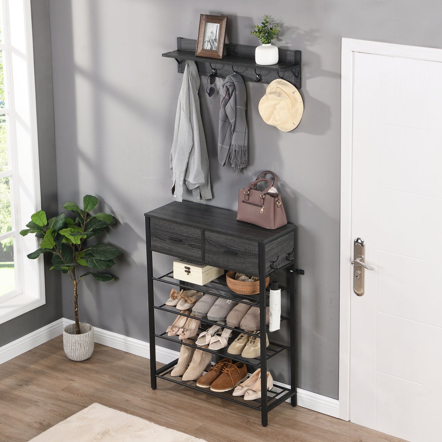 Entryway 4-tier Shoe Shelf with Two Drawers and Coat Rack, One Set Entryway Show Rack with Storage and Hooks