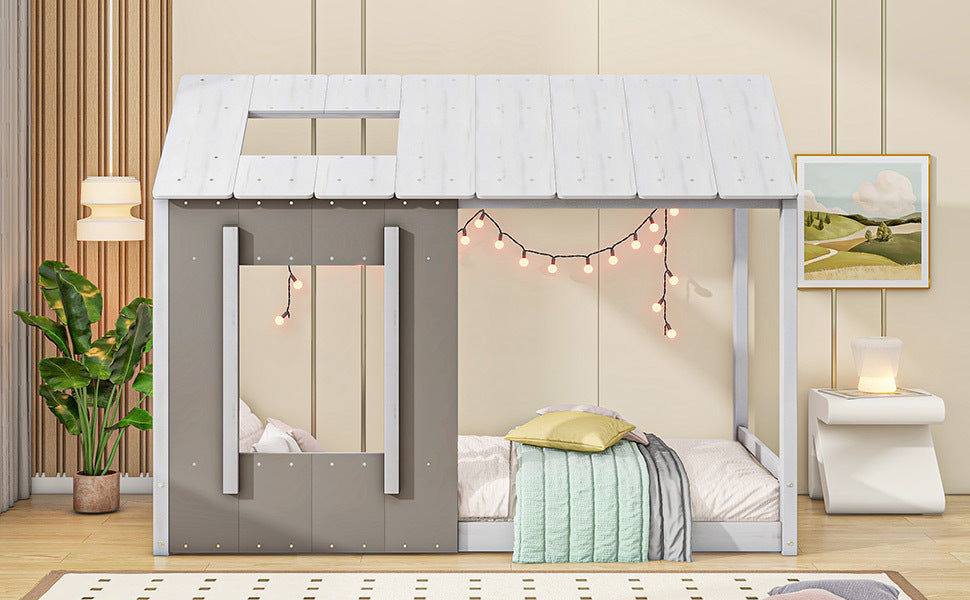 Twin Size House Platform with Roof and Window, White+Antique Grey(: WF294130AAE)