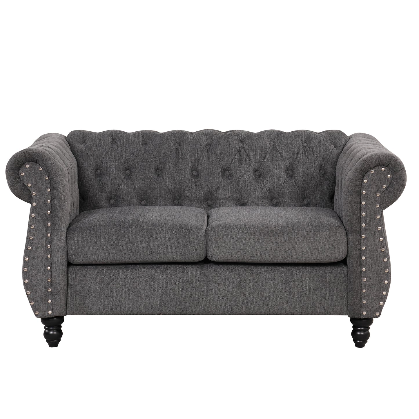 Modern Gray Plush Upholstered 60 Sofa with Buttoned Tufted Backrest and Solid Wood Legs