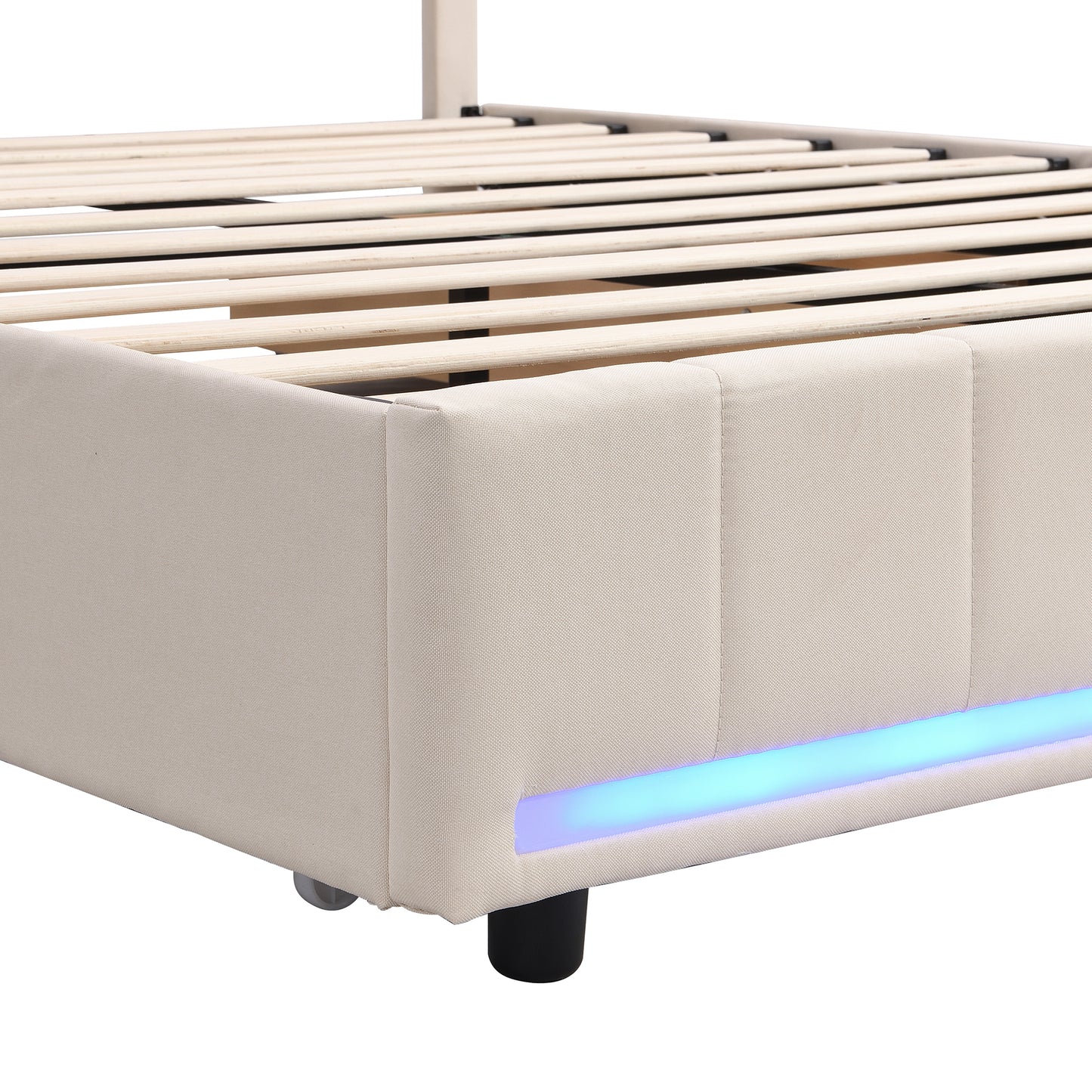 Queen Size Upholstered Bed with LED Light and 4 Drawers,  Modern Platform Bed with a set of Sockets and USB Ports, Linen Fabric, Beige