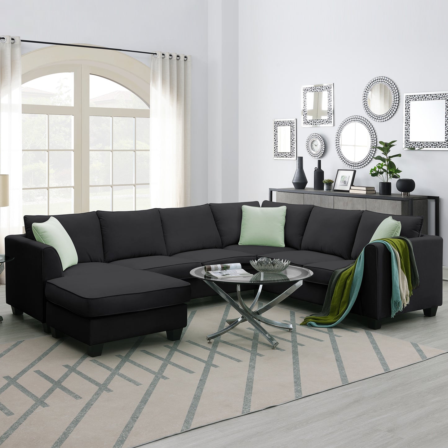 L-Shaped Black Sectional Couch Set with Ottoman and Pillows