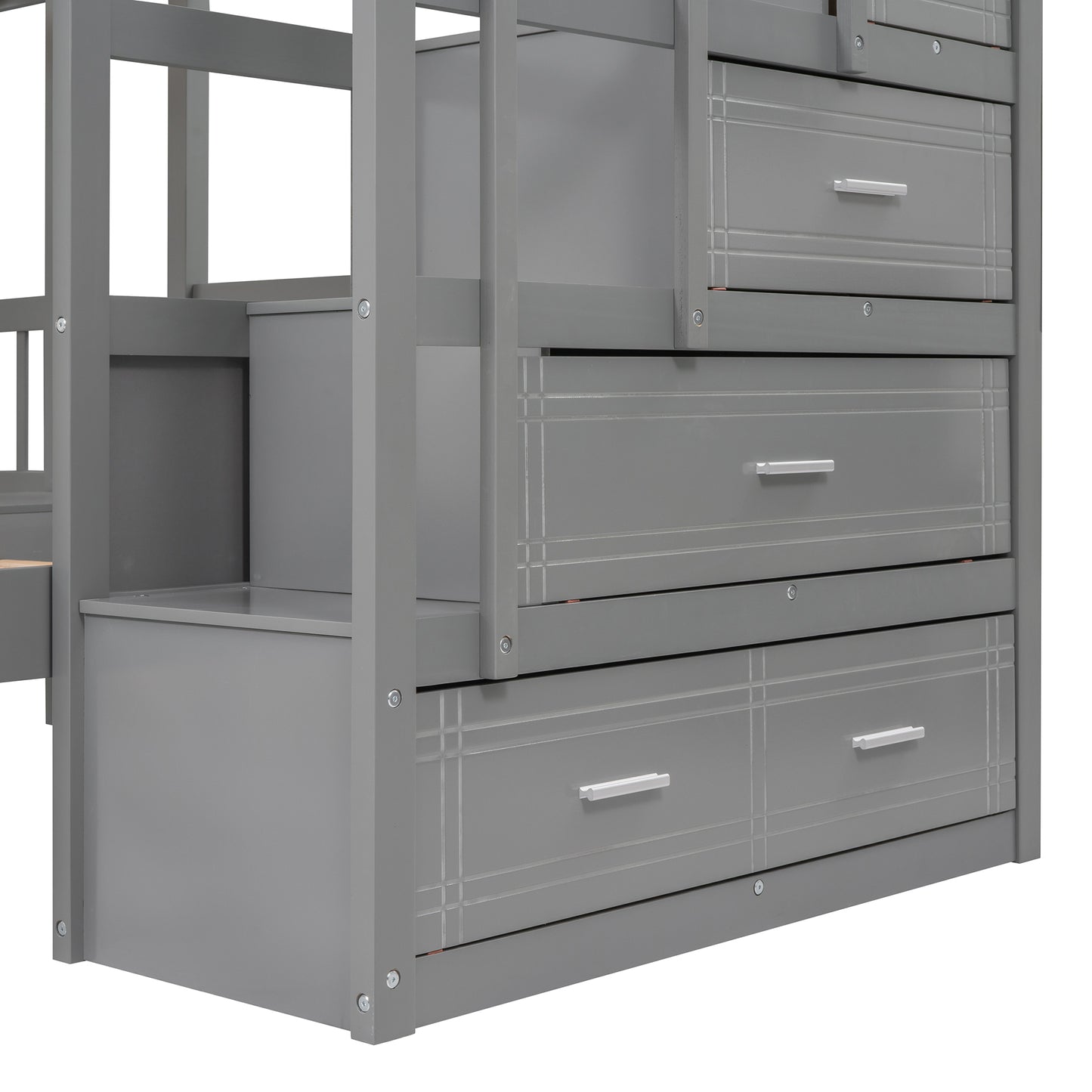 Triple Bunk Bed with Storage Drawers - Space-Saving Gray Design