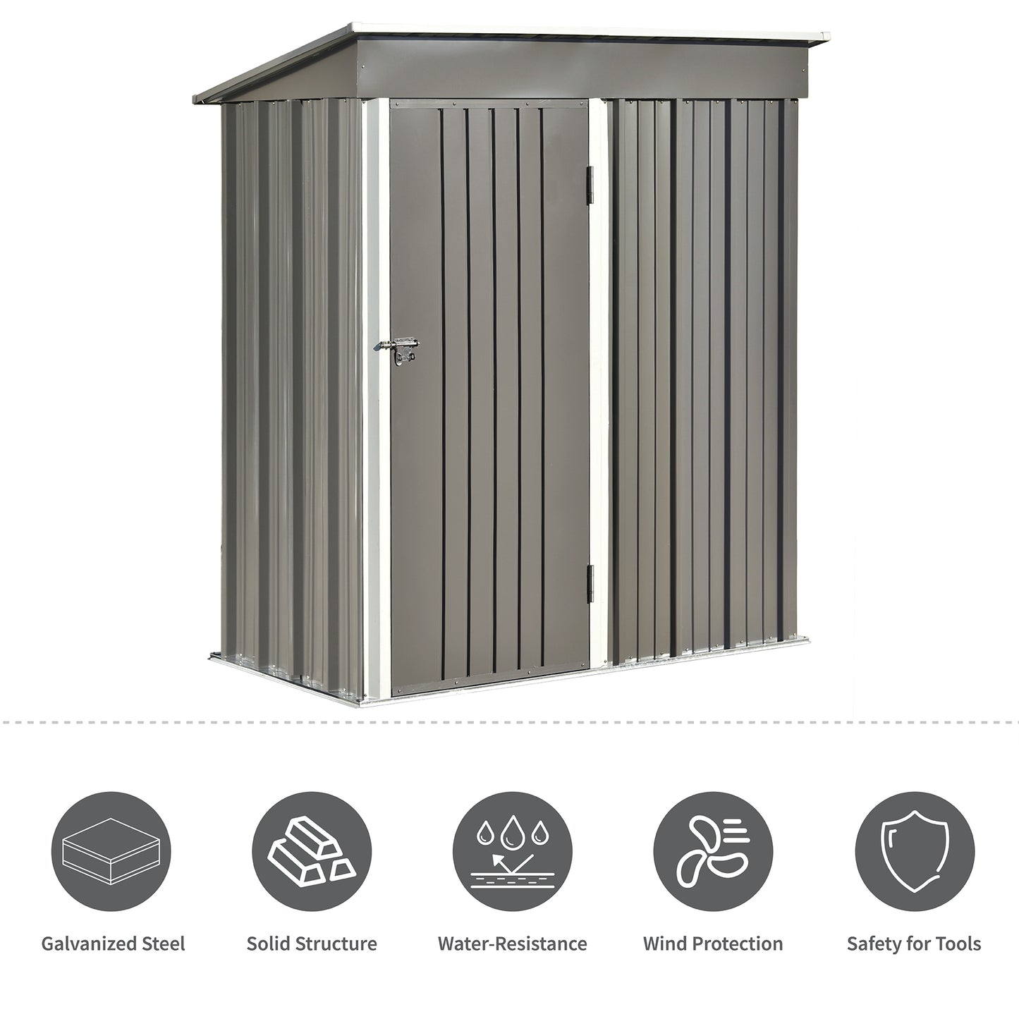 Patio 5ft Wx3ft. L Garden Shed, Metal Lean-to Storage Shed with Adjustable Shelf and Lockable Door, Tool Cabinet for Backyard, Lawn, Garden, Gray