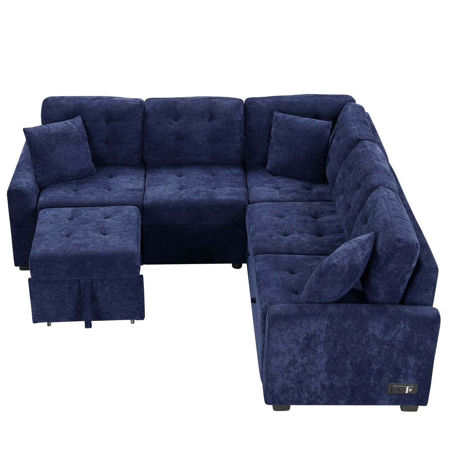 Convertible Navy Blue L-Shape Sleeper Sofa with USB Ports and Power Sockets