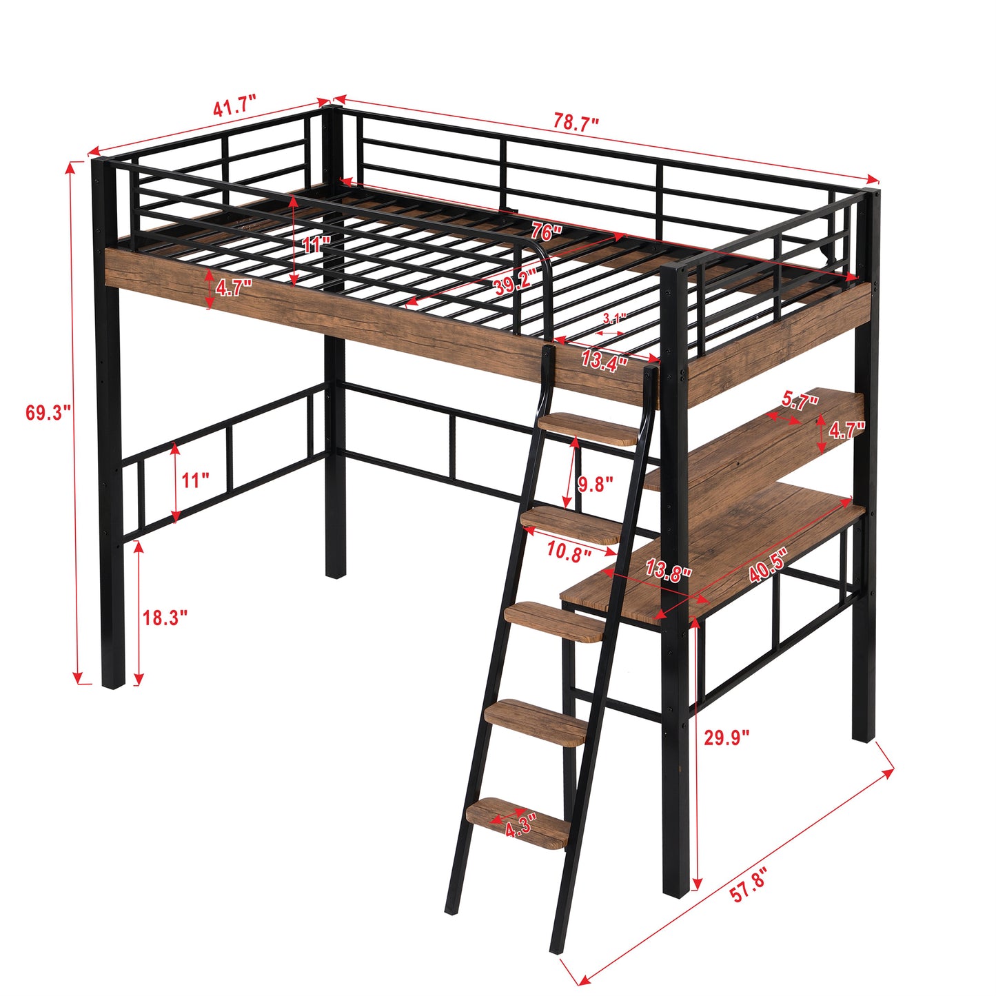 Metal Twin Size Loft Bed with Built-in Desk, Storage Shelf and Ladder, Black