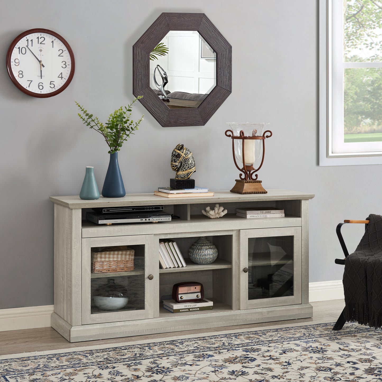 Modern Stone Gray TV Stand with Open and Closed Storage for TVs Up to 65