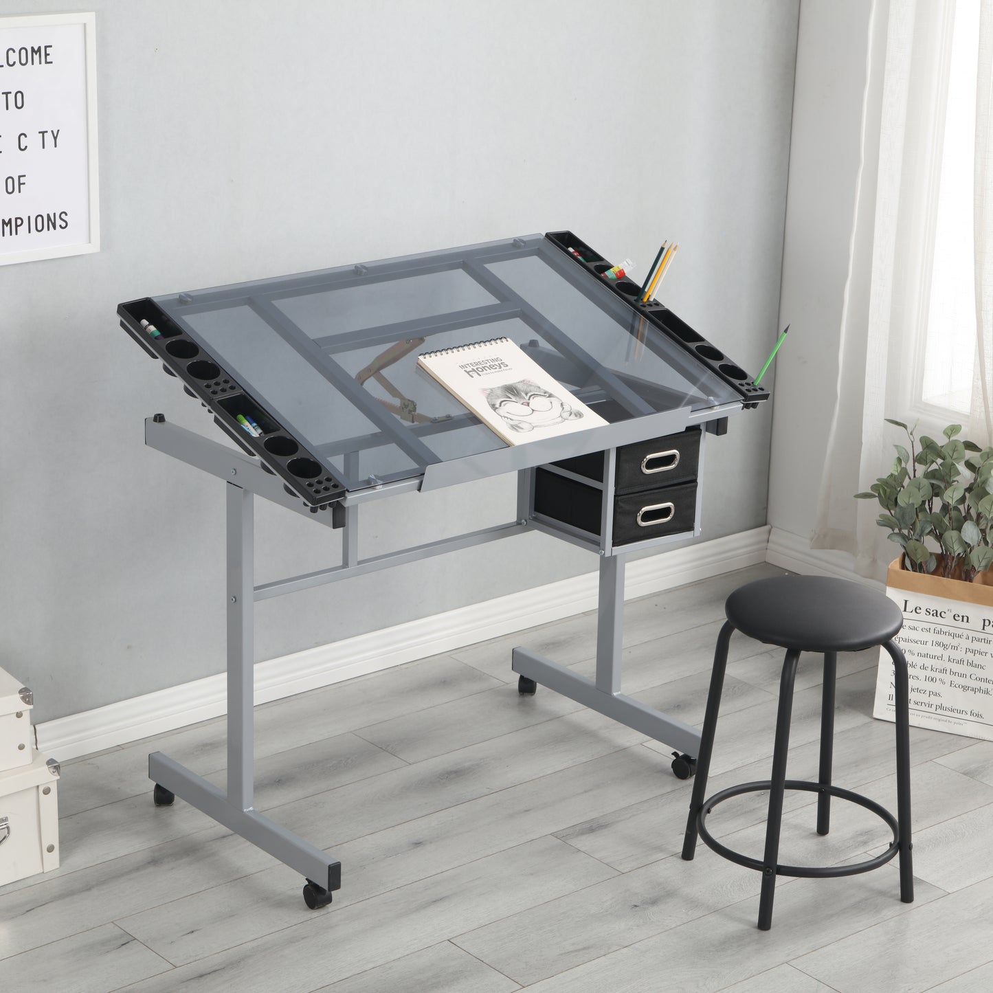 Adjustable Drafting Table with Glass Top and Storage Drawers