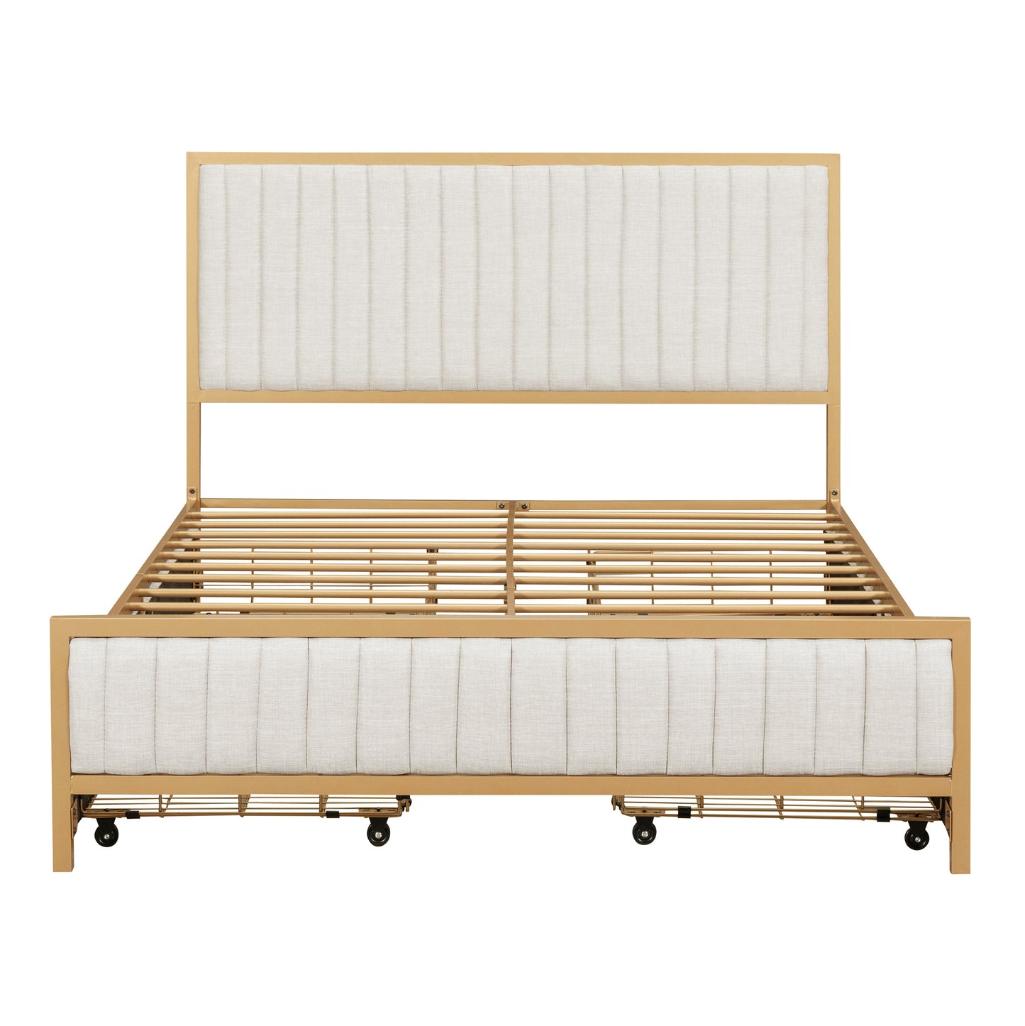 Full Size Metal Frame Upholstered Bed with 4 Drawers, Linen Fabric, Beige