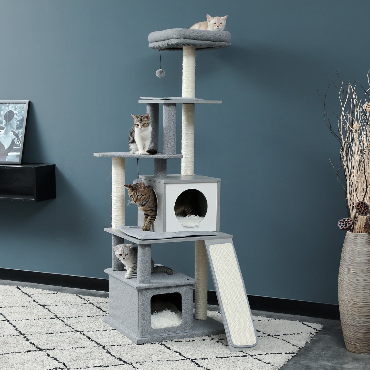 Modern Wood Cat Tree Cats Multi Floor Large Play Tower Sisal Scratching Post Kitten Furniture Activity Centre With Condo Playhouse Dangling Toy Grey