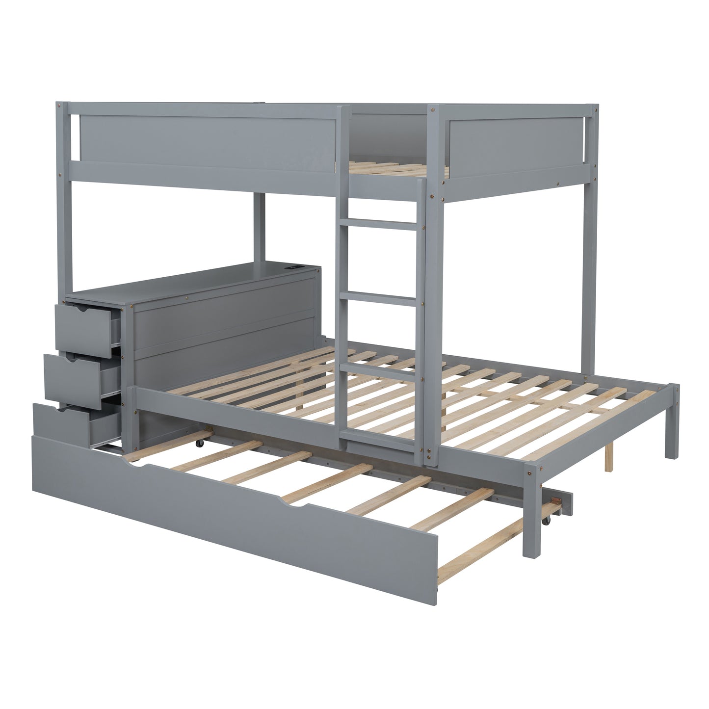 Full-Over-Full Bunk Bed with Twin Trundle, Storage, Desk, and USB Outlets, Gray - Ultimate Space-Saving Solution for Bedroom