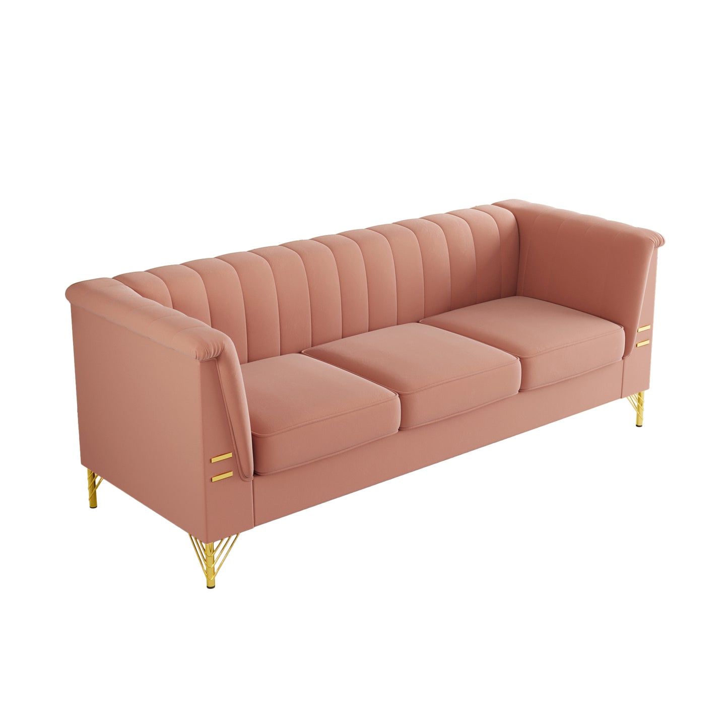 FX-P82-PK(SOFA)-Modern Designs Velvet Upholstered Living Room Sofa, 3 Seat Sofa Couch with  Golden Metal Legs for Home, Apartment or Office  Pink SOFA