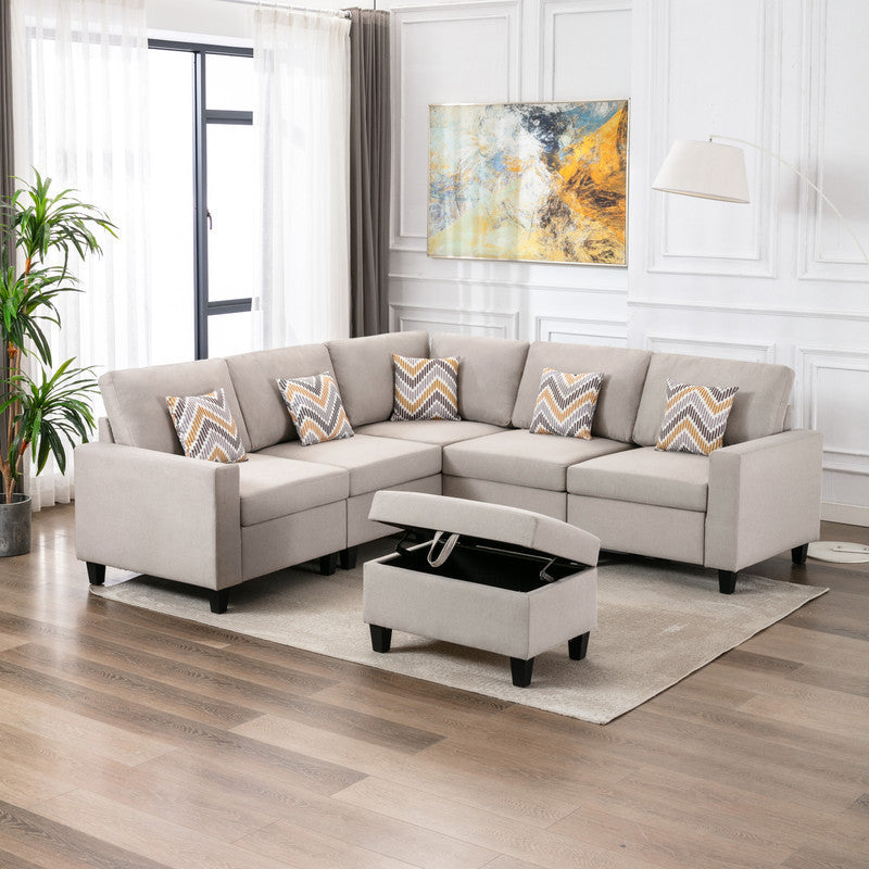 Elevate Your Living Space with the Nolan Beige Linen Fabric 6Pc Reversible Sectional Sofa