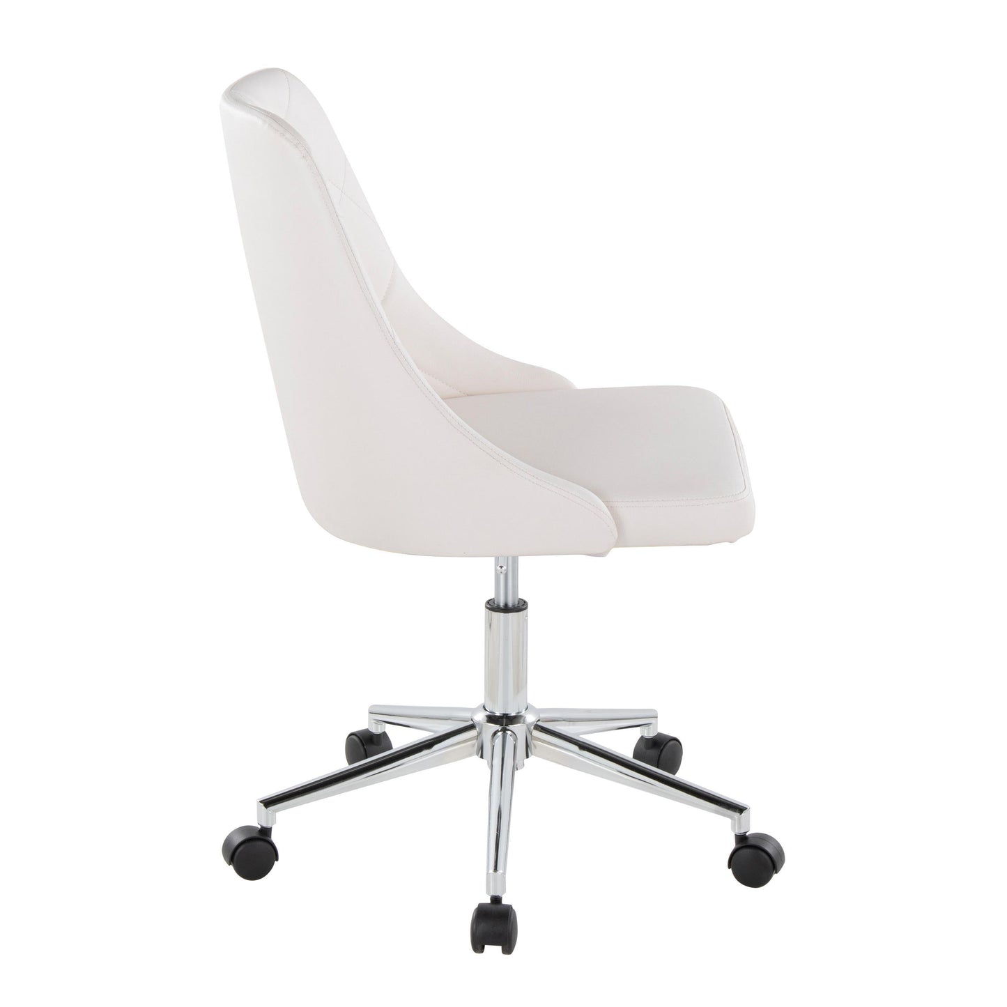 Marche Contemporary Swivel Task Chair with Casters in Chrome Metal and White Faux Leather by LumiSource