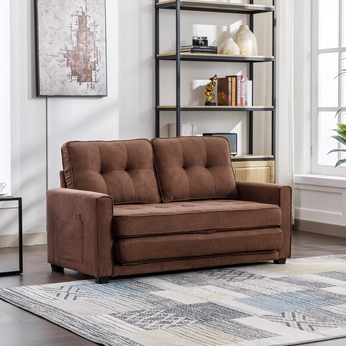 59.4 Pull-Out Loveseat Sofa Bed with Side Pocket, Brown Chenille Upholstered Couch