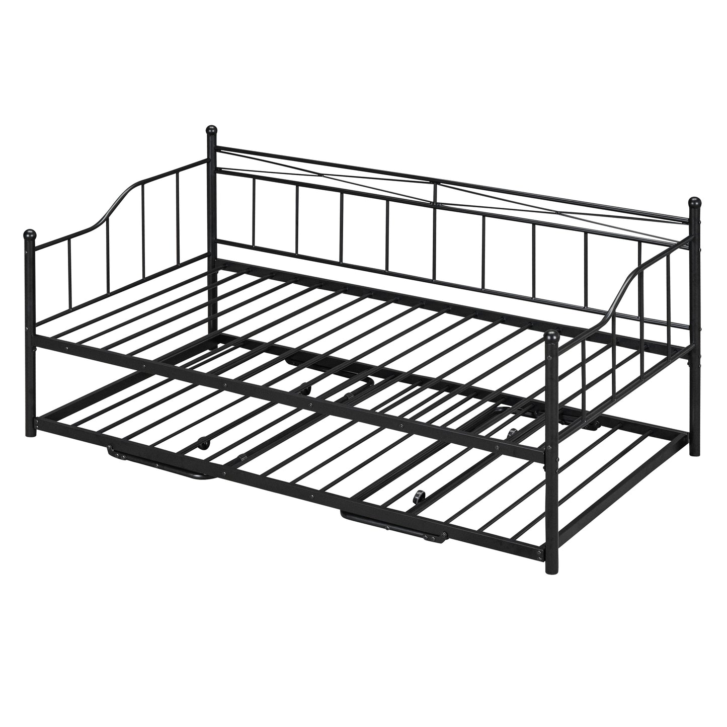 Twin Size Metal Daybed with Twin Size Adjustable Trundle, Portable Folding Trundle, Black