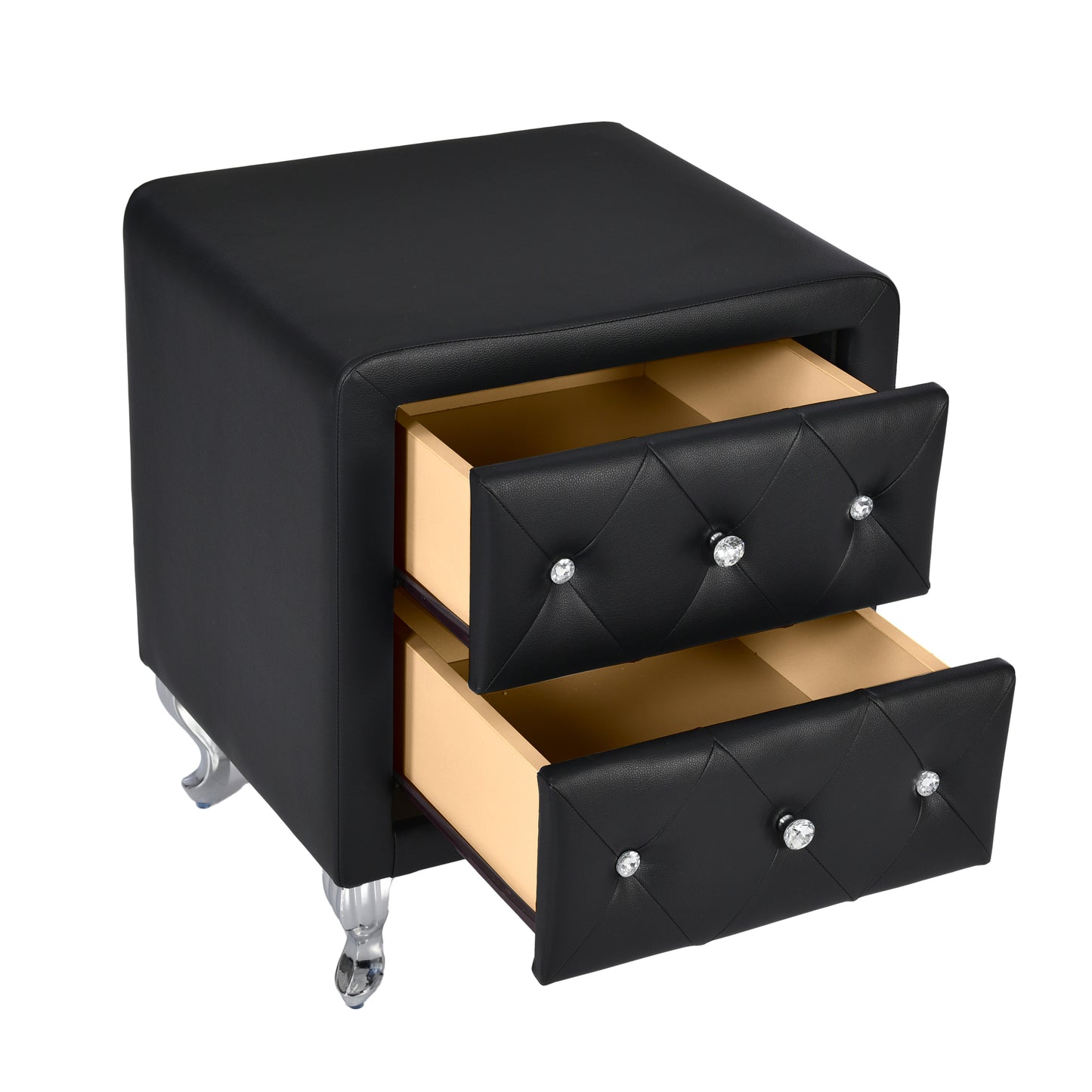 Elegant PU Nightstand with 2 Drawers and Crystal Handle,Fully Assembled Except Legs&Handles,Storage Bedside Table with Metal Legs - Black