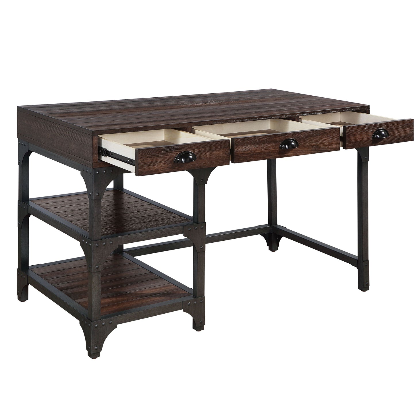 Sophisticated Espresso Oak Writing Desk with Vintage Black Metal Frame