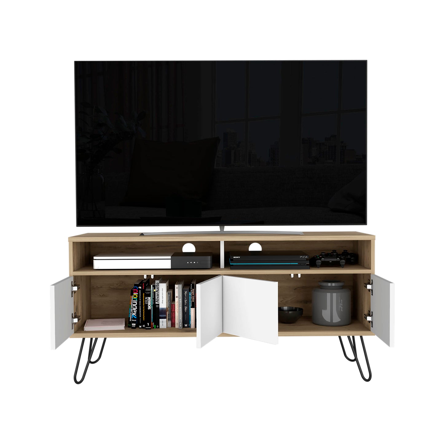 Vassel TV Stand with Hairpin Legs and Double Cabinets in Aged Oak / White Color Scheme